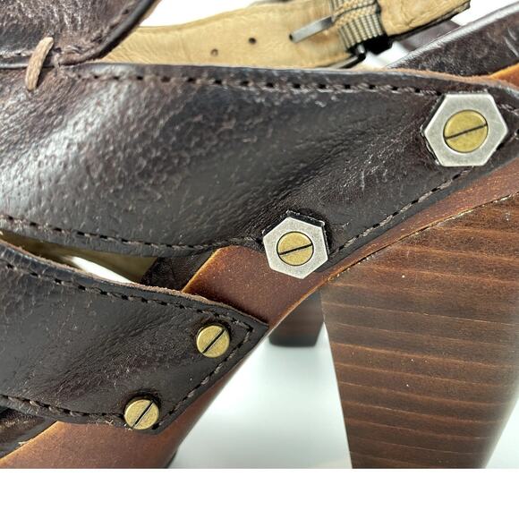 FRYE Slingback Brown Leather Platform Clog Shoe Womens (6)‎ Flora Stitch Boho - Picture 6 of 8